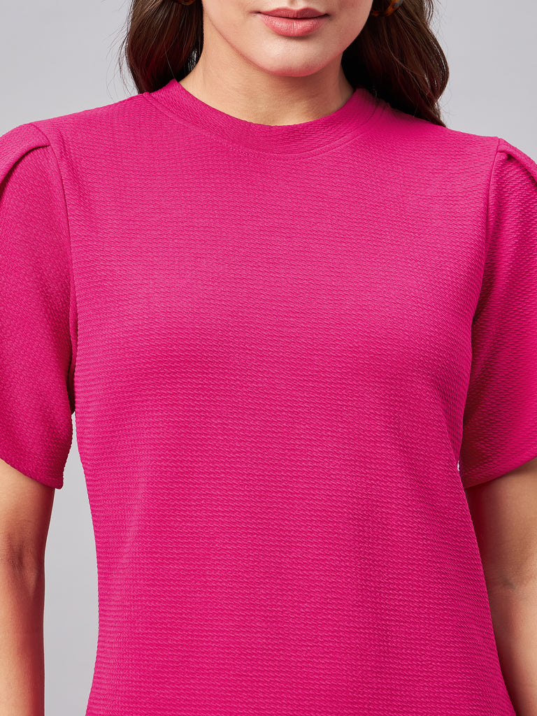 Style Quotient Women Solid Fuchsia Pink Poly Knit Smart Casual Regular Top-Tops-StyleQuotient