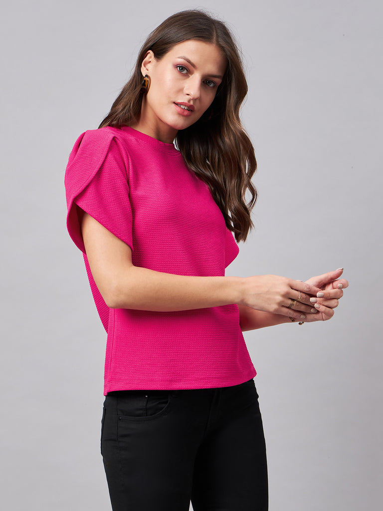 Style Quotient Women Solid Fuchsia Pink Poly Knit Smart Casual Regular Top-Tops-StyleQuotient