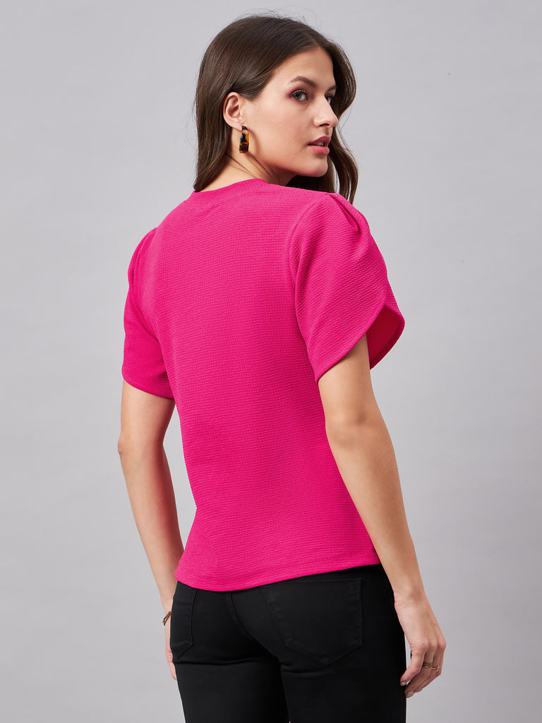 Style Quotient Women Solid Fuchsia Pink Poly Knit Smart Casual Regular Top-Tops-StyleQuotient