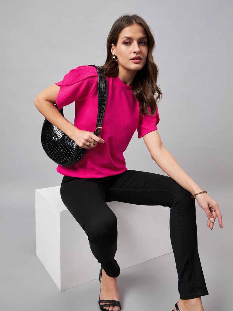 Style Quotient Women Solid Fuchsia Pink Poly Knit Smart Casual Regular Top-Tops-StyleQuotient