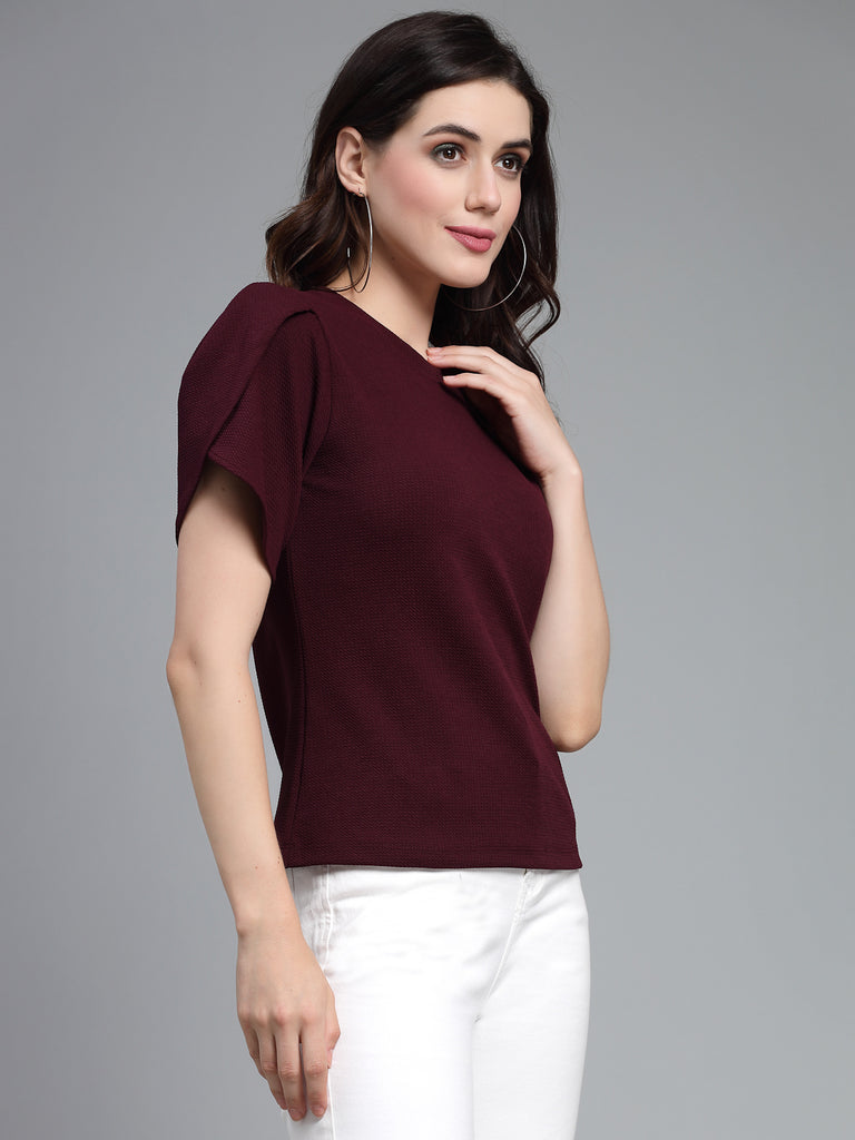 Style Quotient Women Maroon Poly Knit Smart Casual Top-Tops-StyleQuotient