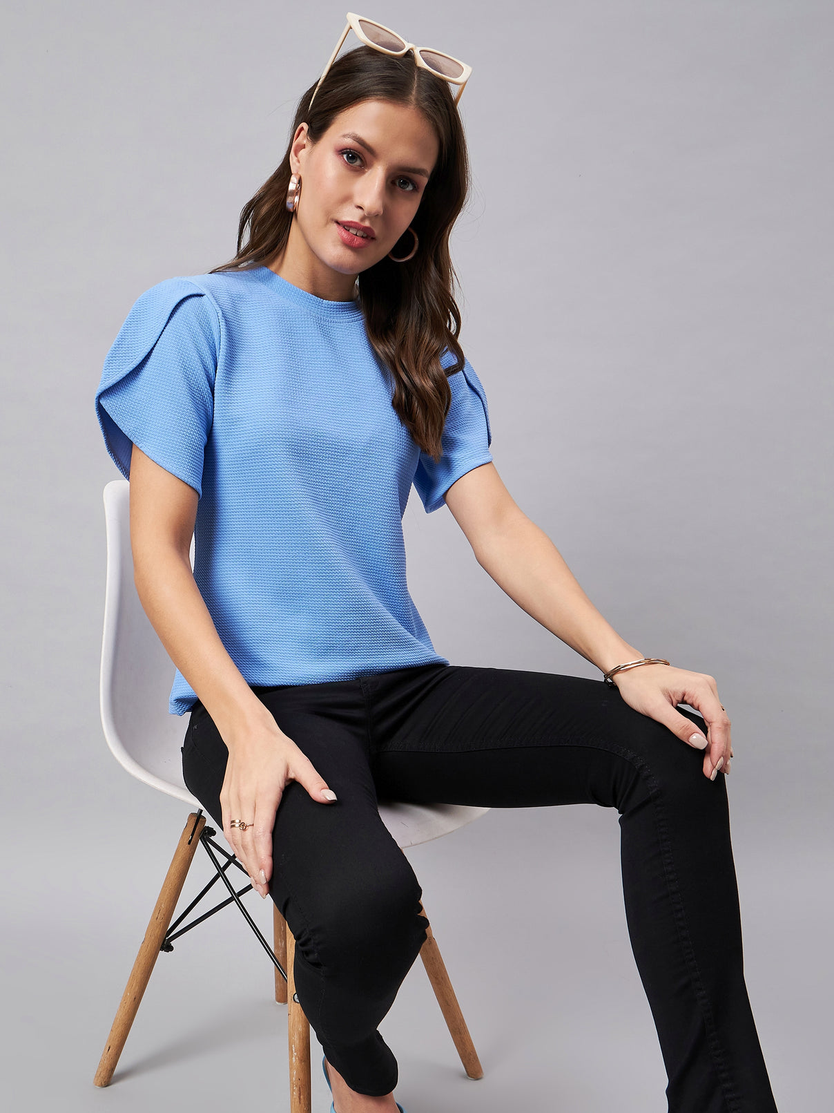 Style Quotient Women Solid Powder Blue Poly Knit Smart Casual Regular Top-Tops-StyleQuotient