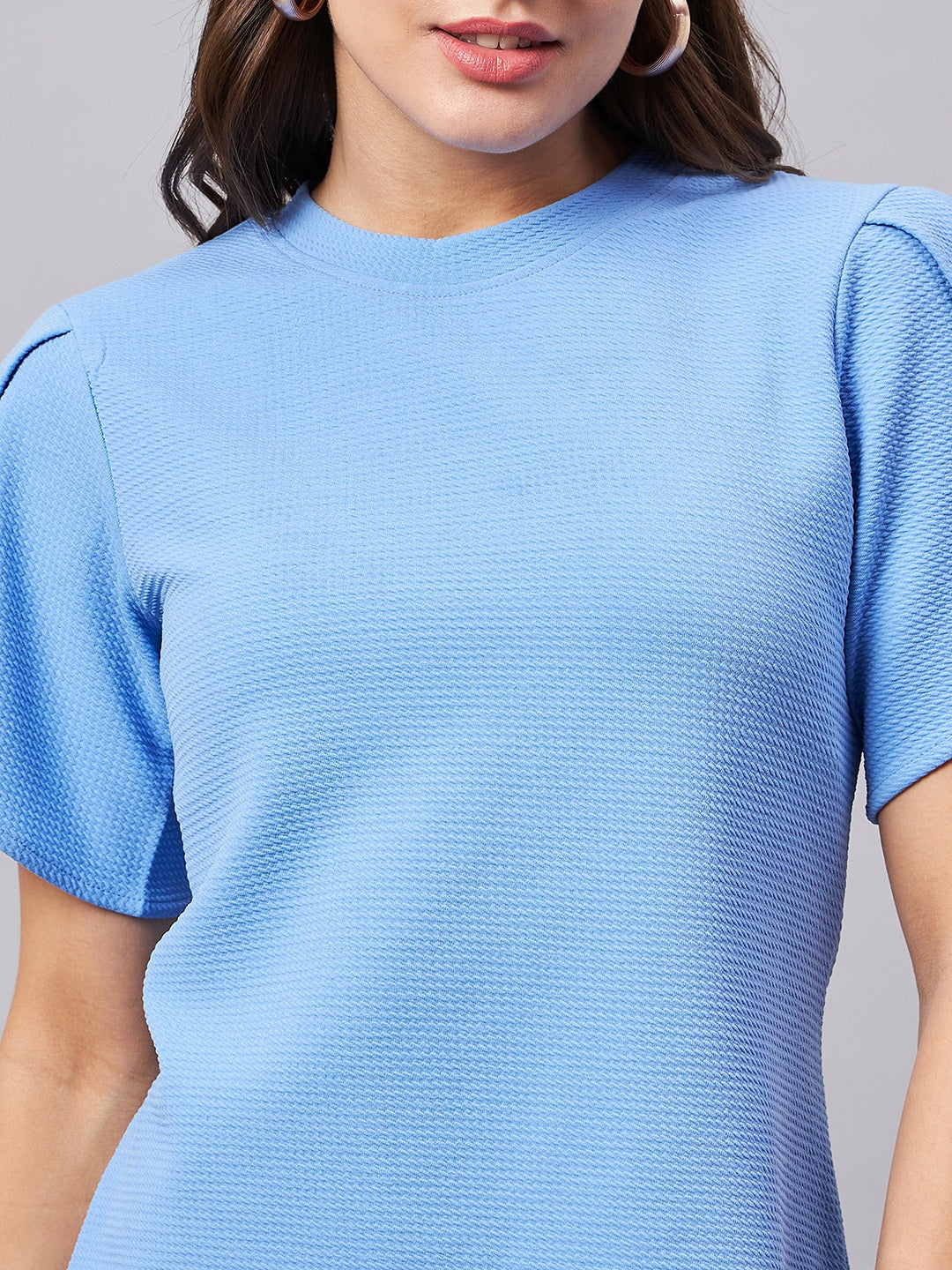 Style Quotient Women Solid Powder Blue Poly Knit Smart Casual Regular Top-Tops-StyleQuotient