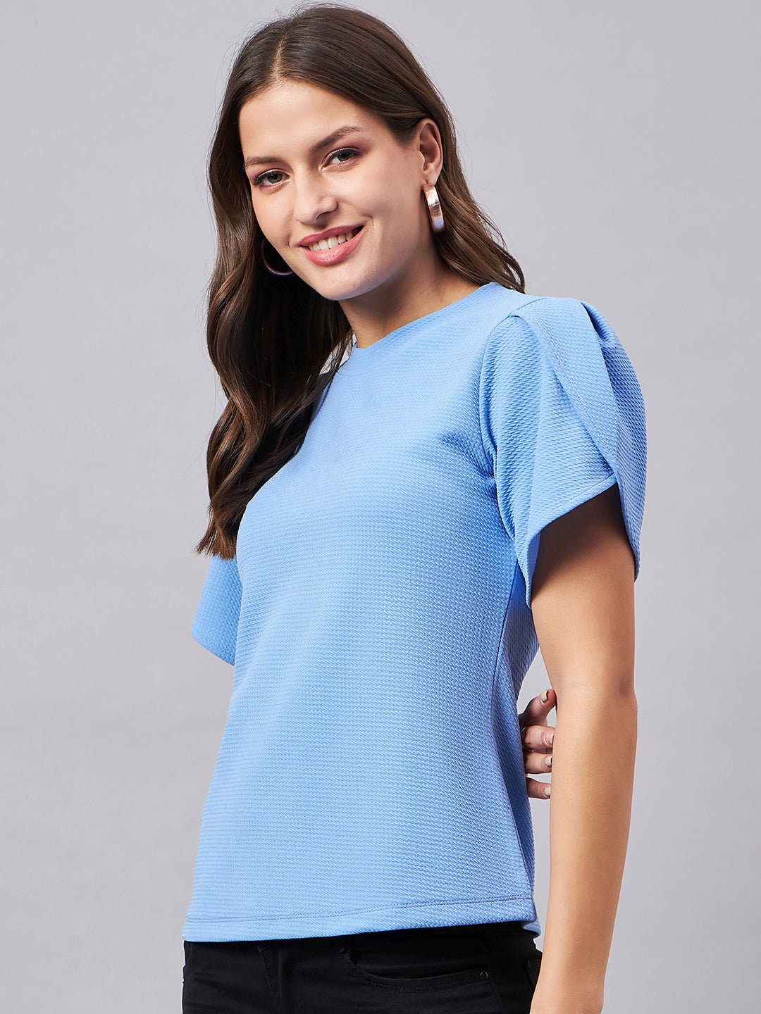 Style Quotient Women Solid Powder Blue Poly Knit Smart Casual Regular Top-Tops-StyleQuotient