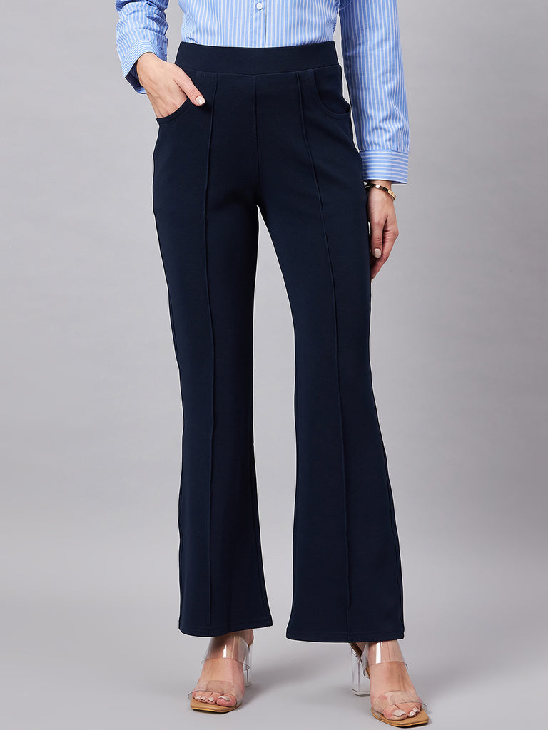 Style Quotient Women Solid Navy Self Design Polyester Formal Trouser-Trousers-StyleQuotient