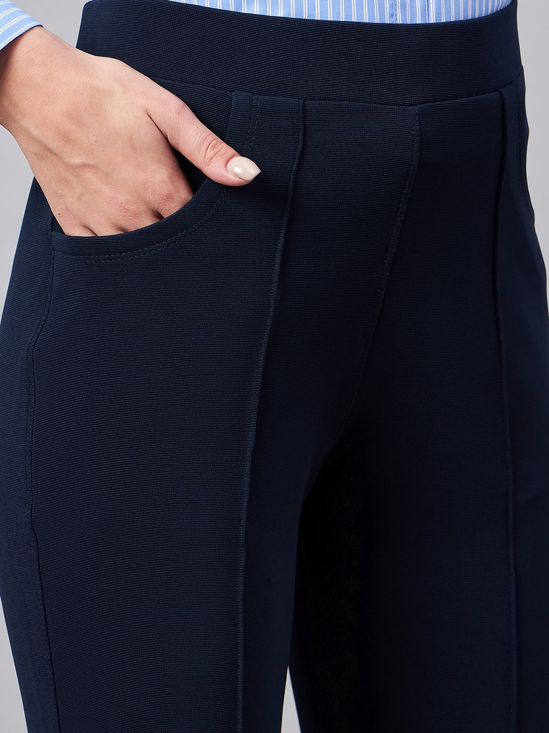 Style Quotient Women Solid Navy Self Design Polyester Formal Trouser-Trousers-StyleQuotient