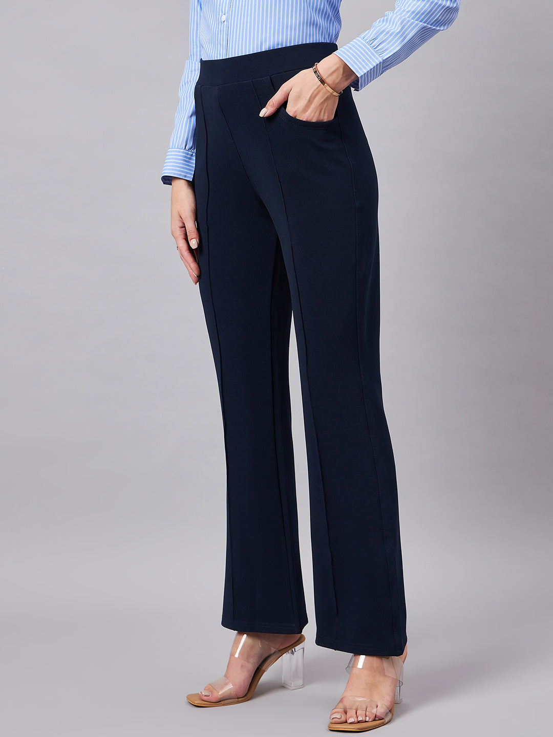 Style Quotient Women Solid Navy Self Design Polyester Formal Trouser-Trousers-StyleQuotient