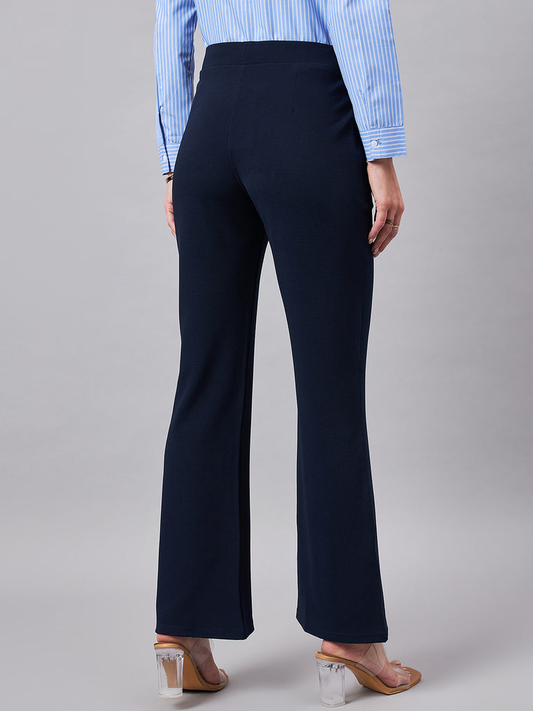 Style Quotient Women Solid Navy Self Design Polyester Formal Trouser-Trousers-StyleQuotient