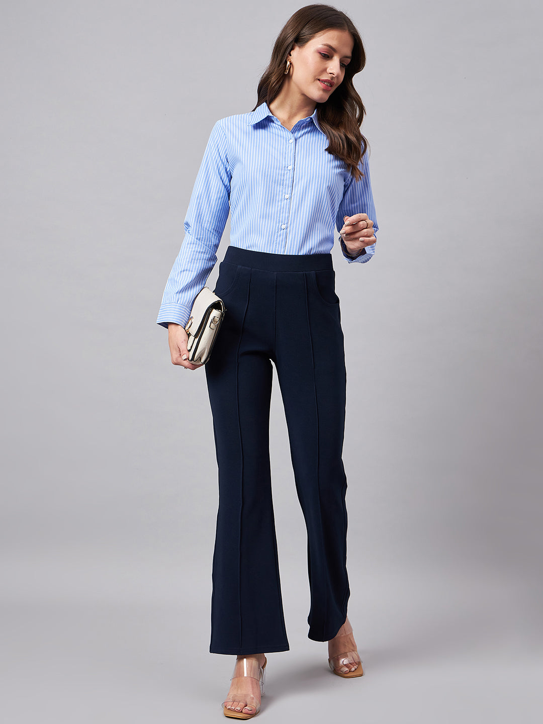 Style Quotient Women Solid Navy Self Design Polyester Formal Trouser-Trousers-StyleQuotient