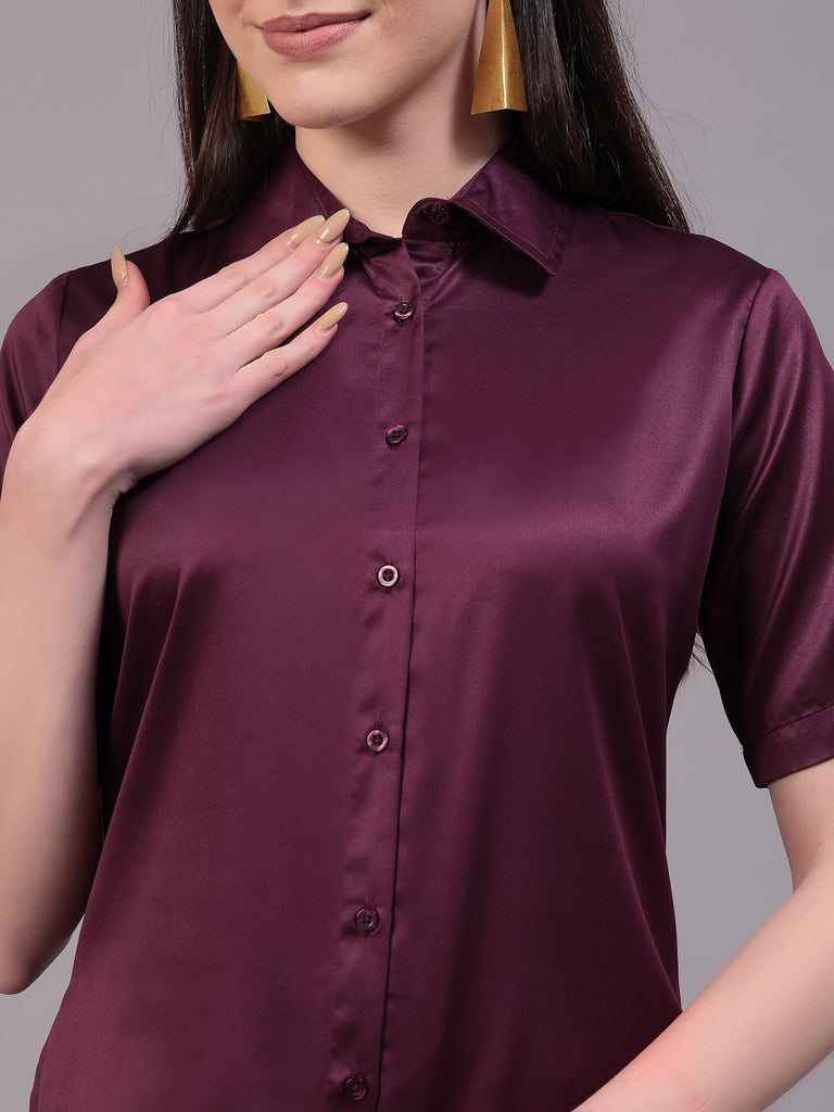 Style Quotient Women Wine Satin Comfort Fit Shirt-Shirts-StyleQuotient