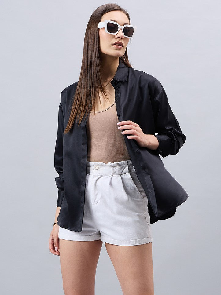 Style Quotient Women Solid Black Smart Casual Oversized Satin Shirt