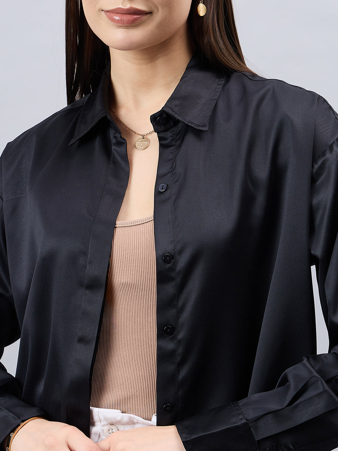 Style Quotient Women Solid Black Smart Casual Oversized Satin Shirt-Shirts-StyleQuotient