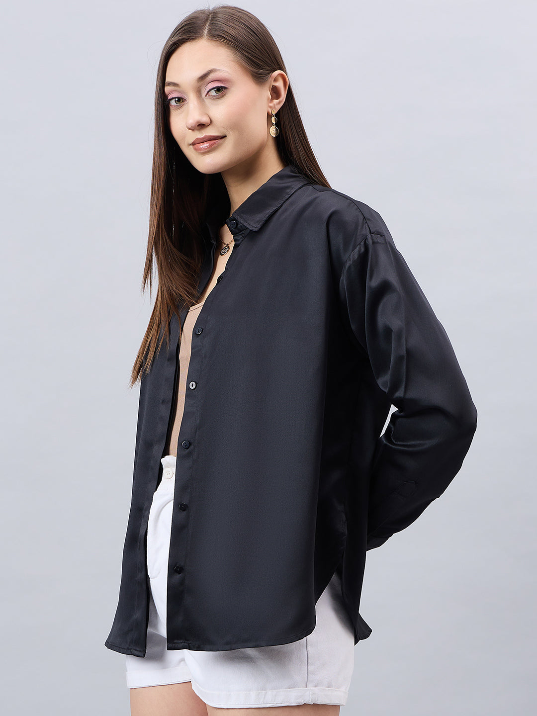 Style Quotient Women Solid Black Smart Casual Oversized Satin Shirt-Shirts-StyleQuotient