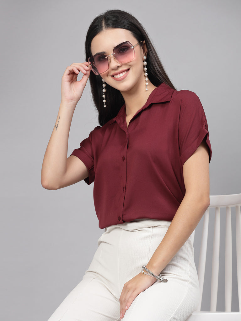 Style Quotient Women Solid Maroon Polyester Formal Shirt-Shirts-StyleQuotient