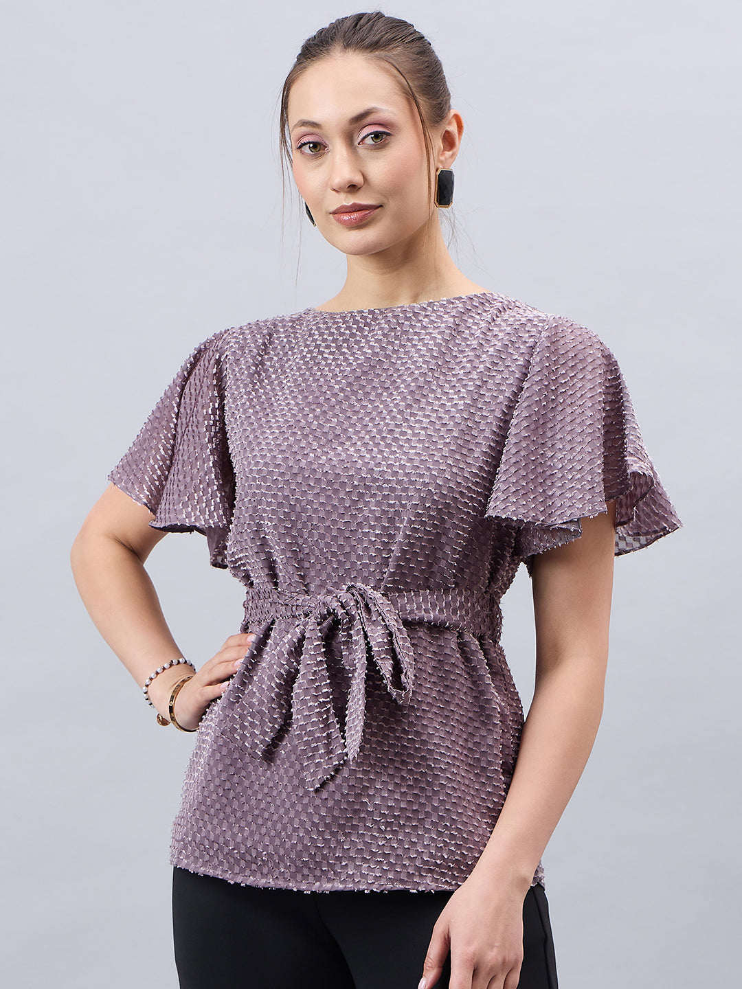 Style Qutotient Womens Grey Textured Belted Top With Flare sleeves-Tops-StyleQuotient