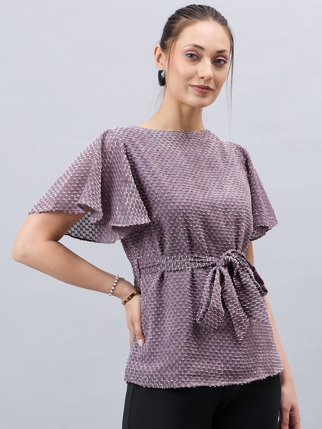 Style Qutotient Womens Grey Textured Belted Top With Flare sleeves-Tops-StyleQuotient