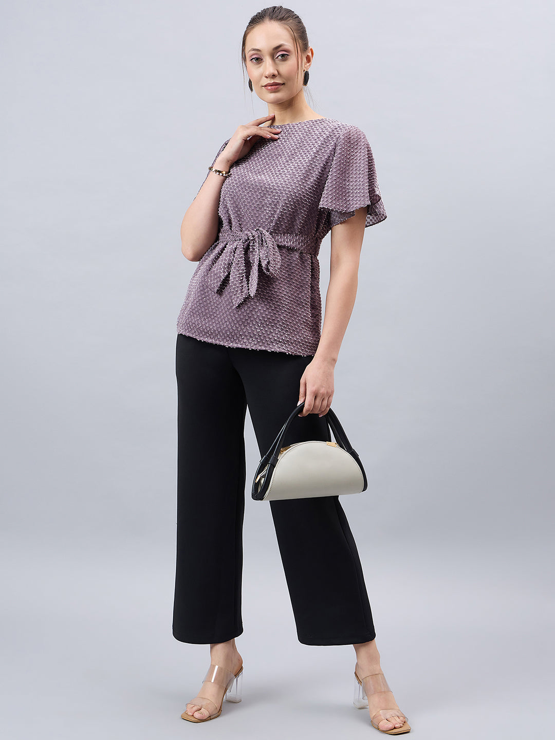 Style Qutotient Womens Grey Textured Belted Top With Flare sleeves-Tops-StyleQuotient