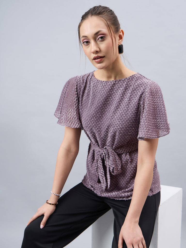 Style Qutotient Womens Grey Textured Belted Top With Flare sleeves-Tops-StyleQuotient