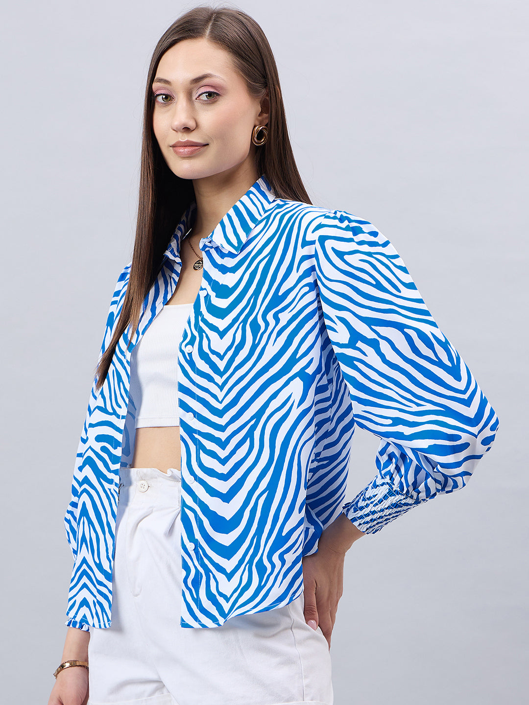 Style Quotient Women Blue And White Animal Printed Polyester Regular Fit Smart Casual Shirt-Shirts-StyleQuotient