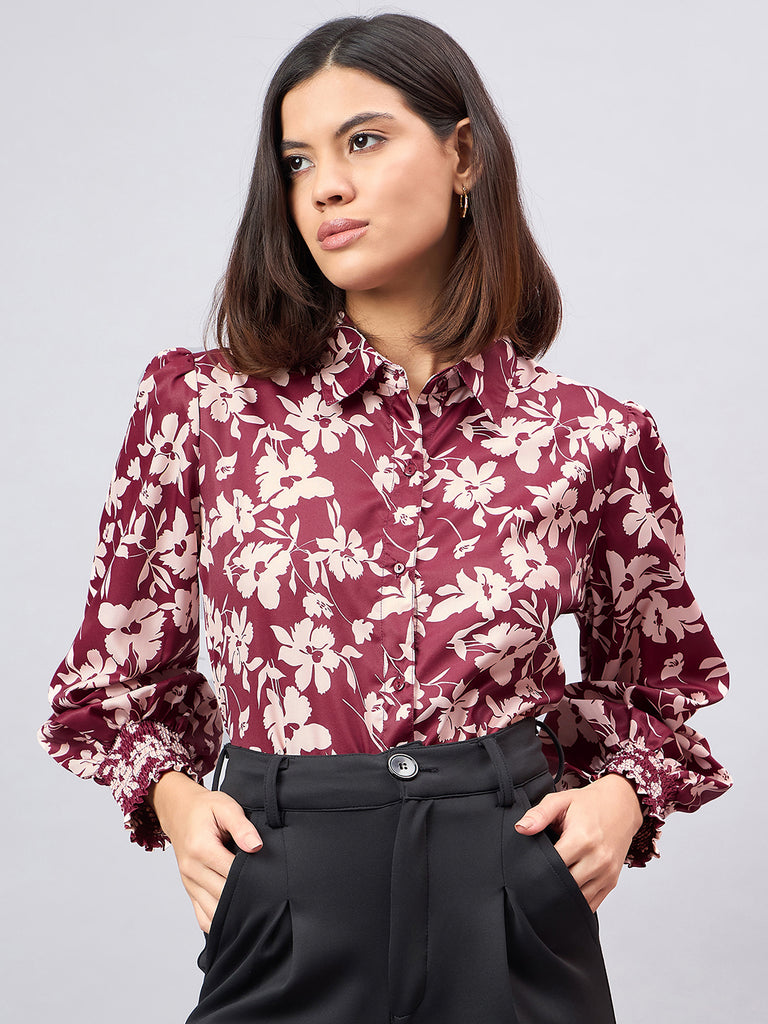 Style Quotient Women Maroon And Beige Floral Printed Polyester Regular Fit Smart Casual Shirt-Shirts-StyleQuotient