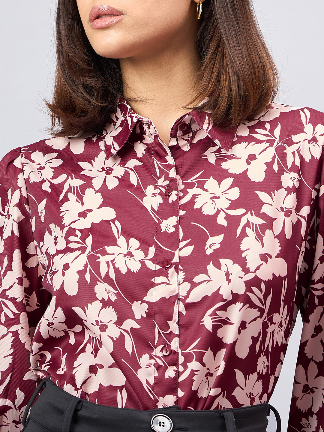 Style Quotient Women Maroon And Beige Floral Printed Polyester Regular Fit Smart Casual Shirt-Shirts-StyleQuotient