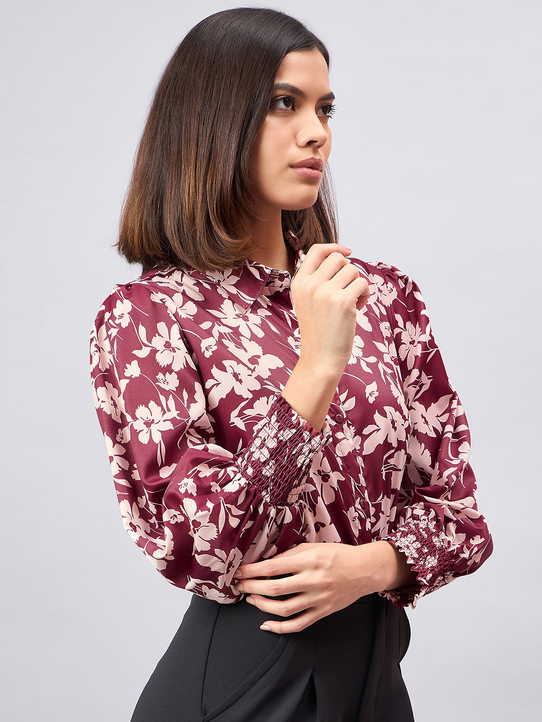 Style Quotient Women Maroon And Beige Floral Printed Polyester Regular Fit Smart Casual Shirt-Shirts-StyleQuotient