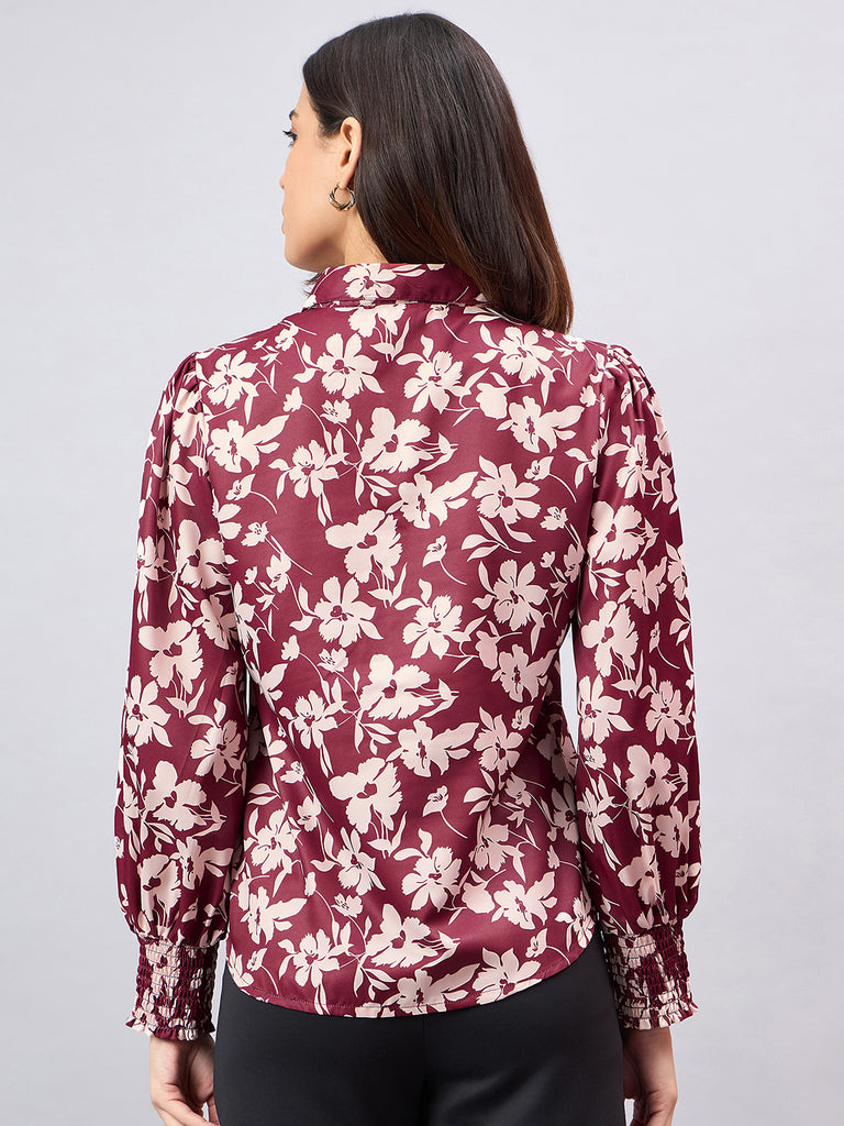 Style Quotient Women Maroon And Beige Floral Printed Polyester Regular Fit Smart Casual Shirt-Shirts-StyleQuotient