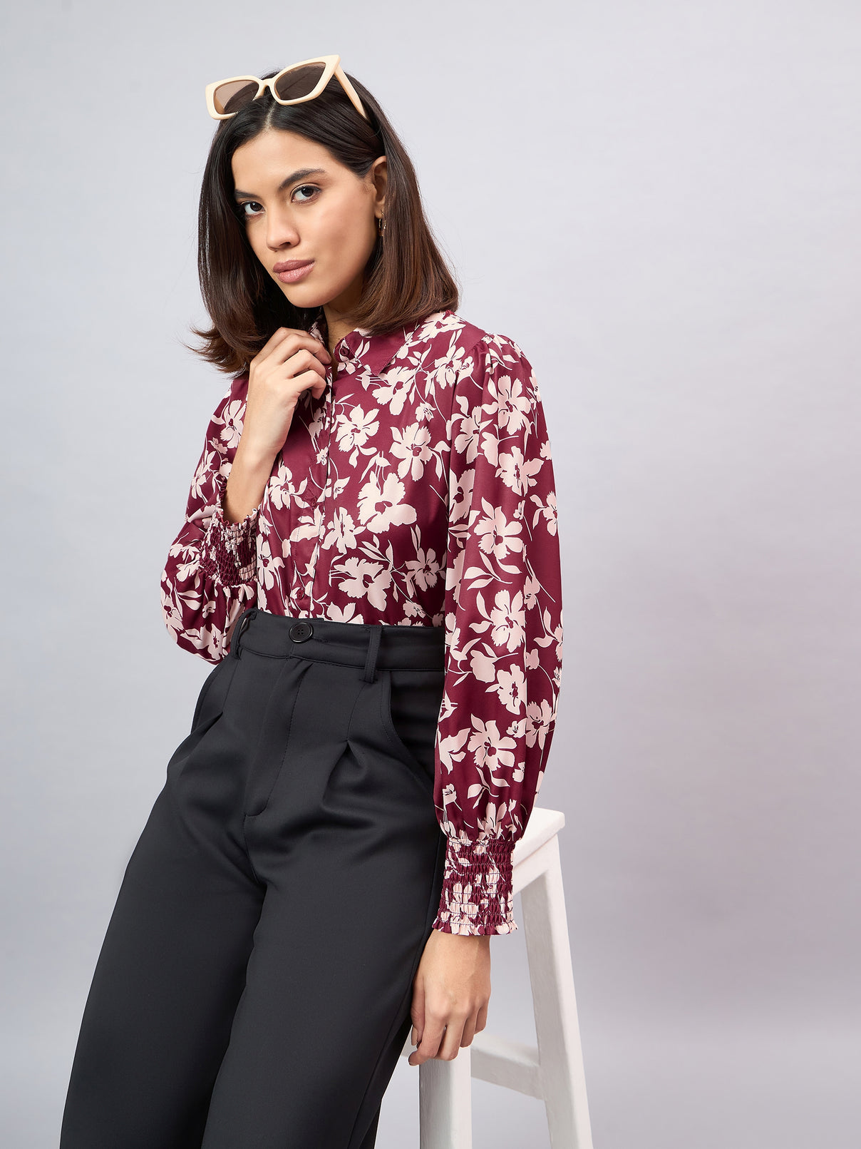 Style Quotient Women Maroon And Beige Floral Printed Polyester Regular Fit Smart Casual Shirt-Shirts-StyleQuotient