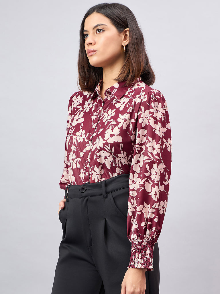 Style Quotient Women Maroon And Beige Floral Printed Polyester Regular Fit Smart Casual Shirt-Shirts-StyleQuotient