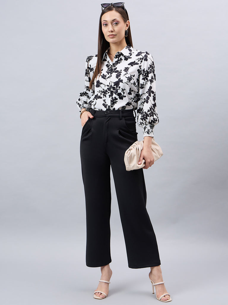 Style Quotient Women Black And White Floral Printed Polyester Regular Fit Smart Casual Shirt-Shirts-StyleQuotient