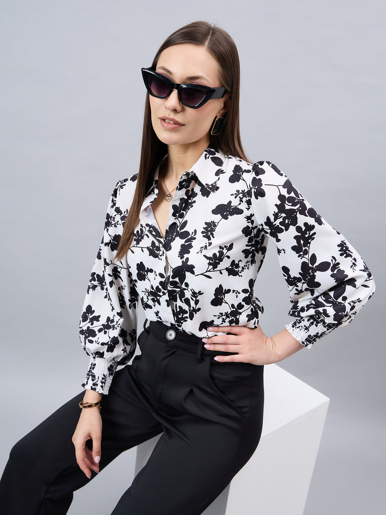 Style Quotient Women Black And White Floral Printed Polyester Regular Fit Smart Casual Shirt-Shirts-StyleQuotient