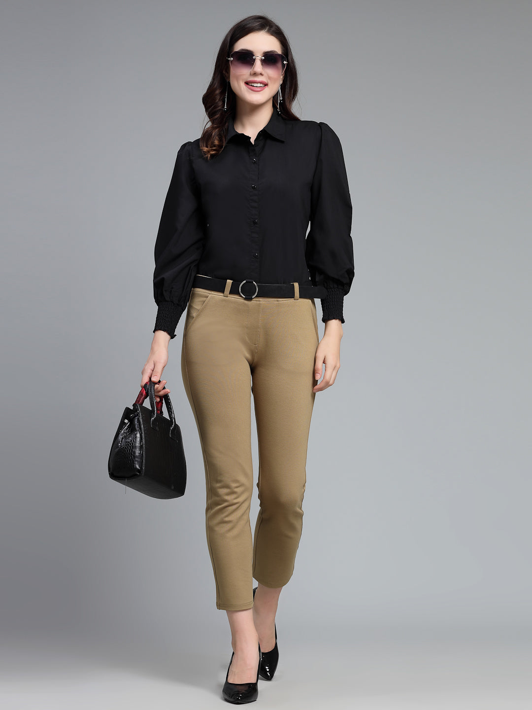 Style Quotient Women Solid Black Polycotton Regular Formal Shirt-Shirts-StyleQuotient