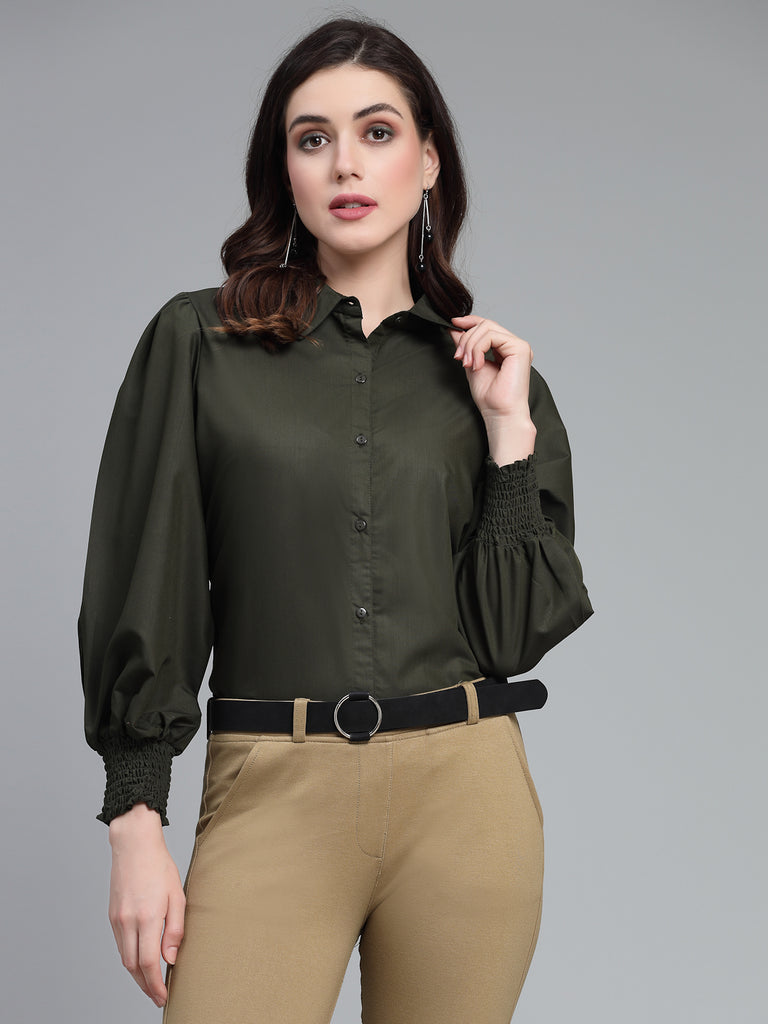 Style Quotient Women Solid Olive Polycotton Regular Formal Shirt-Shirts-StyleQuotient