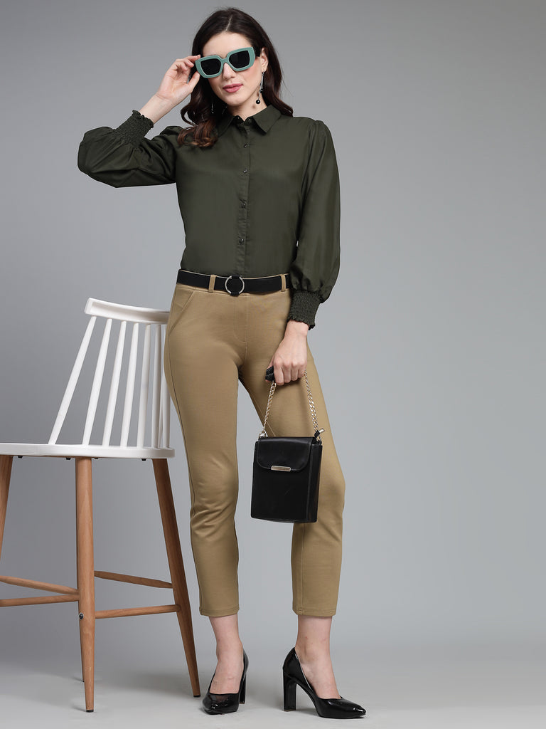 Style Quotient Women Solid Olive Polycotton Regular Formal Shirt-Shirts-StyleQuotient