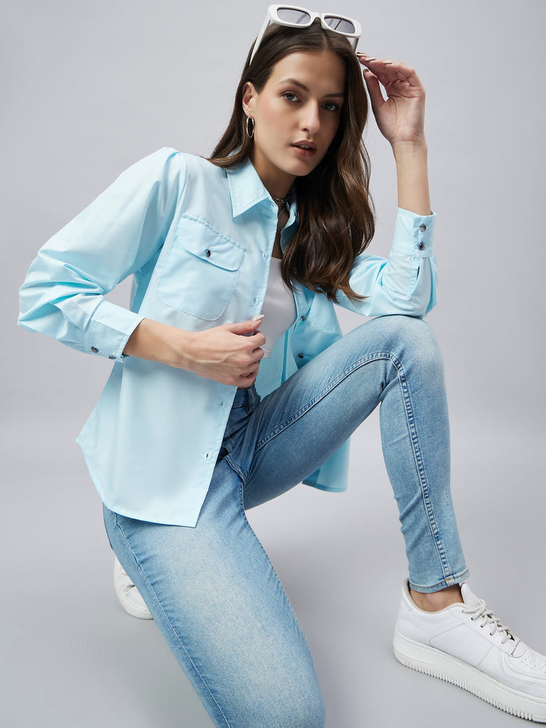 Style Quotient Women Solid Sky Blue Polycotton Relaxed Fit Smart Casual Shacket-Shirts-StyleQuotient
