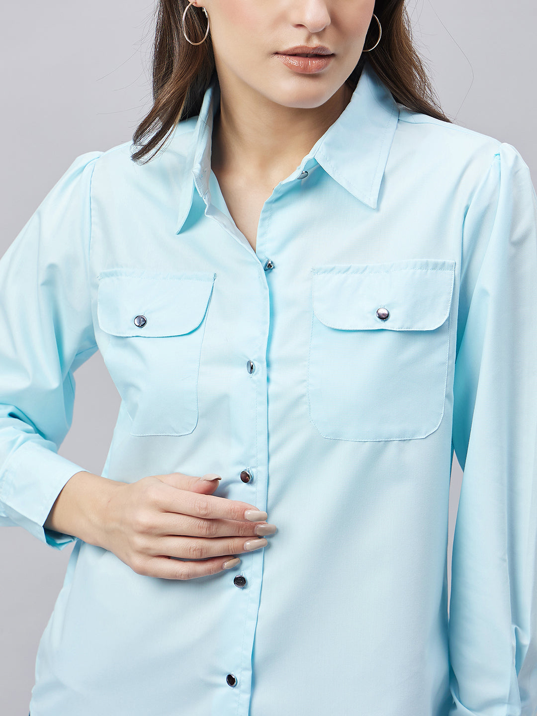 Style Quotient Women Solid Sky Blue Polycotton Relaxed Fit Smart Casual Shacket-Shirts-StyleQuotient