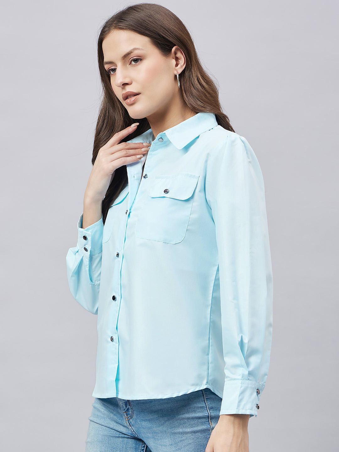 Style Quotient Women Solid Sky Blue Polycotton Relaxed Fit Smart Casual Shacket-Shirts-StyleQuotient