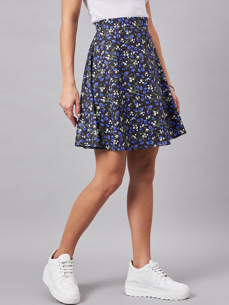 Style Quotient Women Blue, Black And Multi Floral Printed Polyester Mini Skirt-Skirts-StyleQuotient
