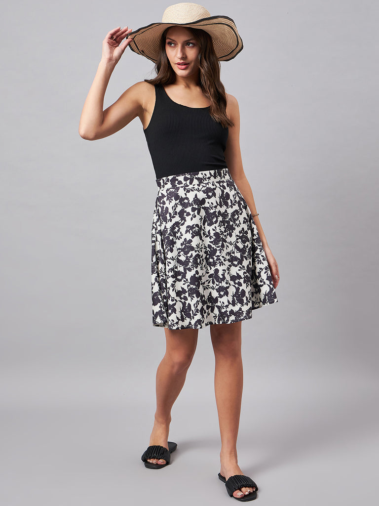 Style Quotient Women Black And Off White Floral Printed Polyester Mini Skirt-Skirts-StyleQuotient