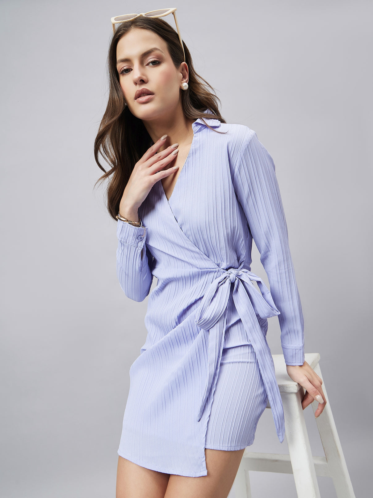 Style Quotient Women Solid Powder Blue Self Design Smart Casual Dress-Dresses-StyleQuotient