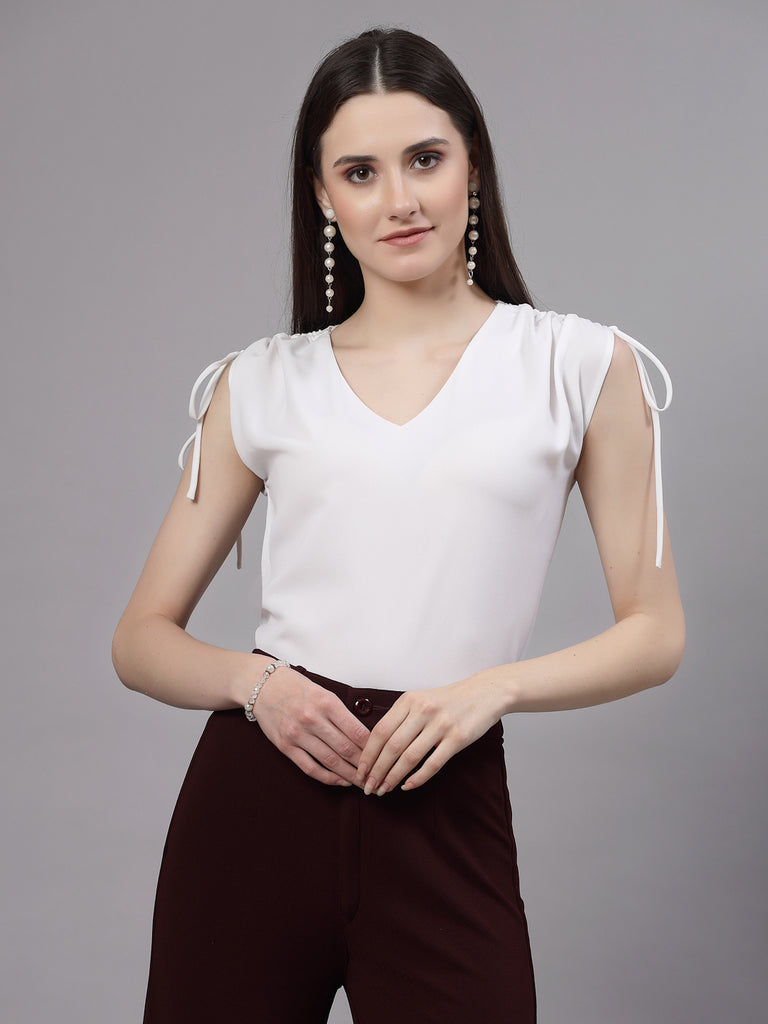 Style Quotient Women Solid White Polyester Regular Smart Casual Top-Tops-StyleQuotient