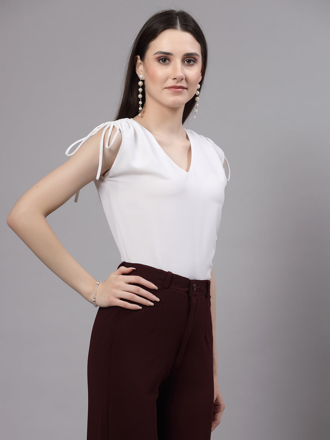 Style Quotient Women Solid White Polyester Regular Smart Casual Top-Tops-StyleQuotient