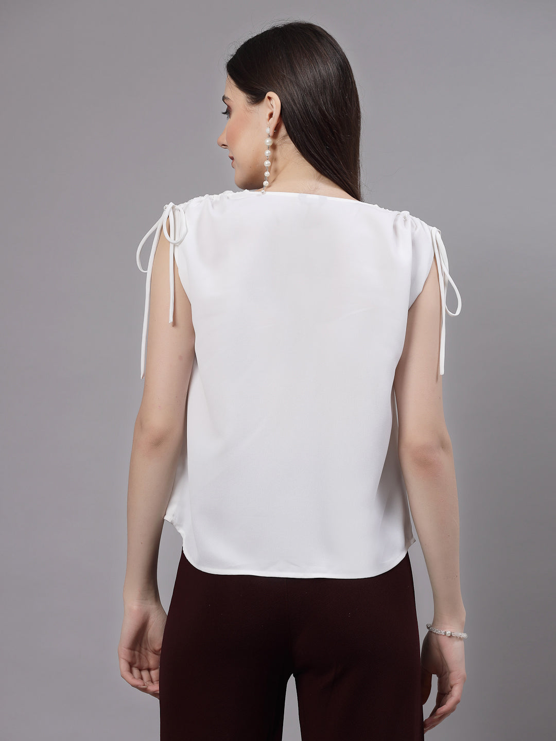 Style Quotient Women Solid White Polyester Regular Smart Casual Top-Tops-StyleQuotient