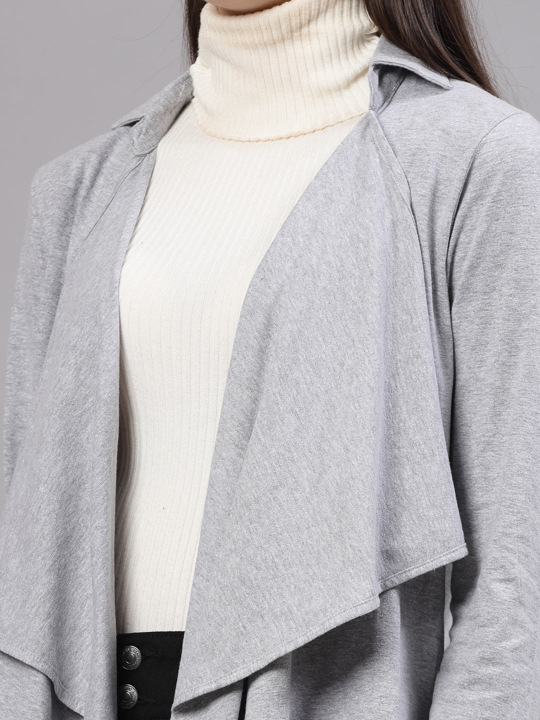 Style Quotient Women Solid Grey Melange Waterfall Shrug-Shrug-StyleQuotient