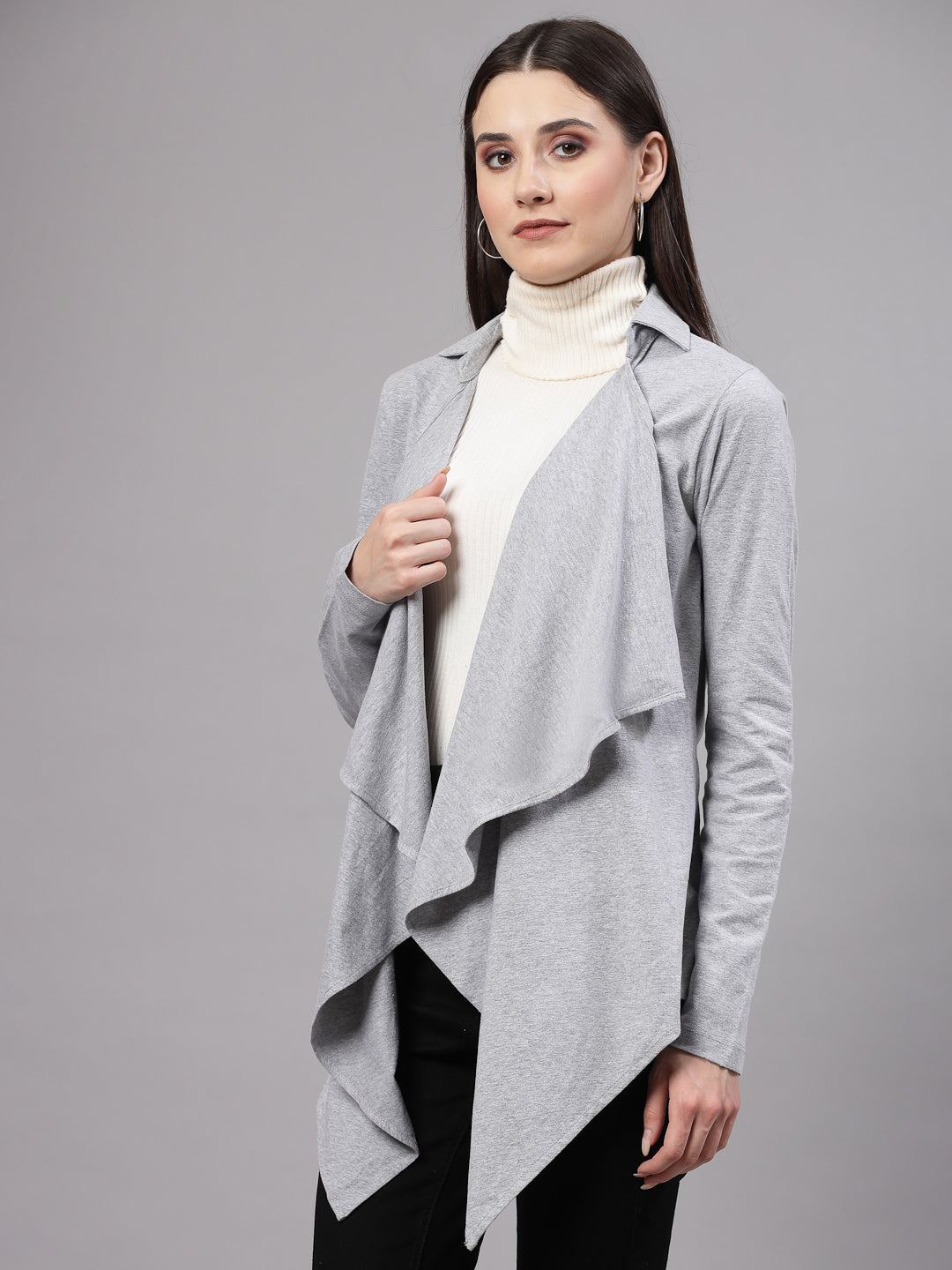 Style Quotient Women Solid Grey Melange Waterfall Shrug-Shrug-StyleQuotient