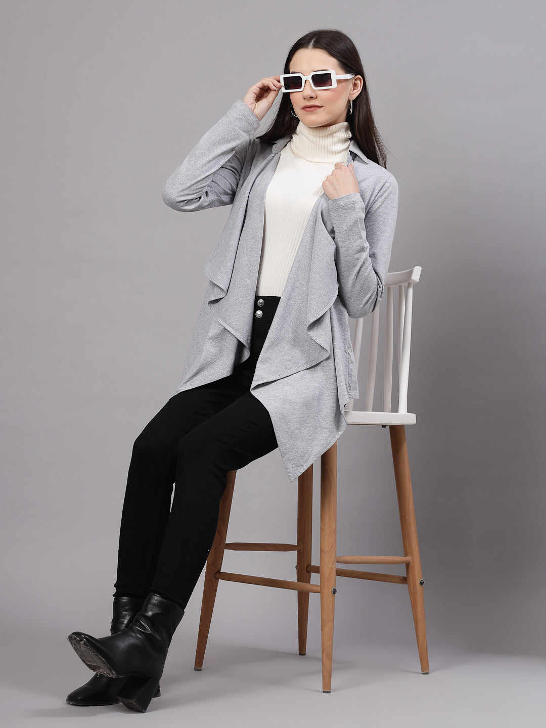 Style Quotient Women Solid Grey Melange Waterfall Shrug-Shrug-StyleQuotient