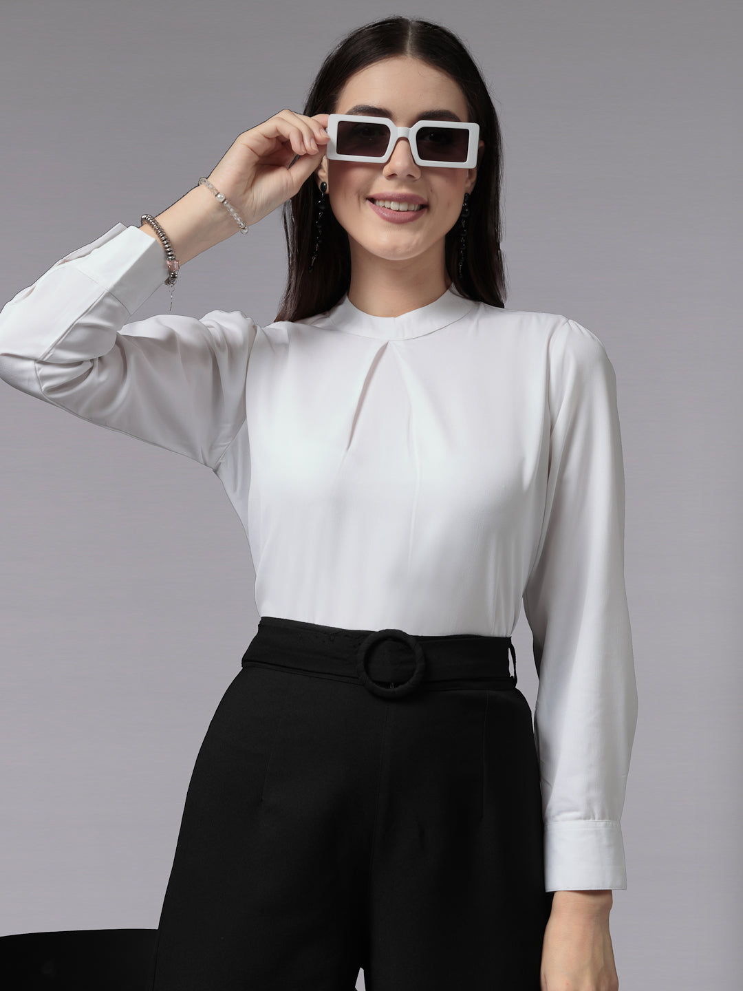 Style Quotient Women White Smart Opaque Band Collar Full Sleeves Smart Top-Tops-StyleQuotient