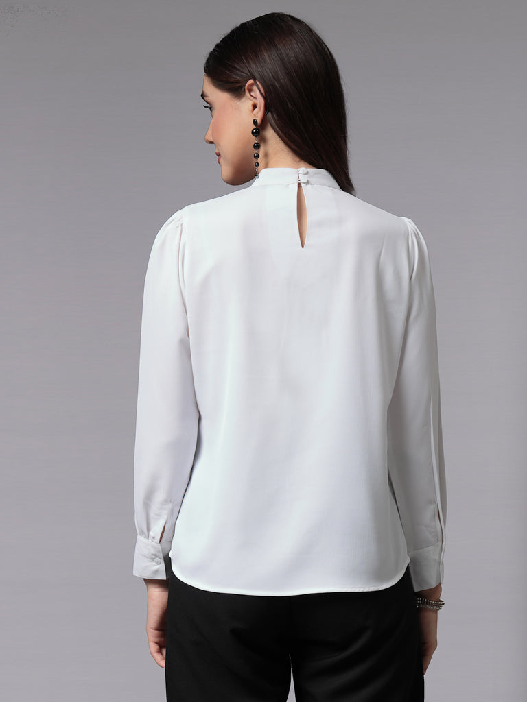 Style Quotient Women White Smart Opaque Band Collar Full Sleeves Smart Top-Tops-StyleQuotient