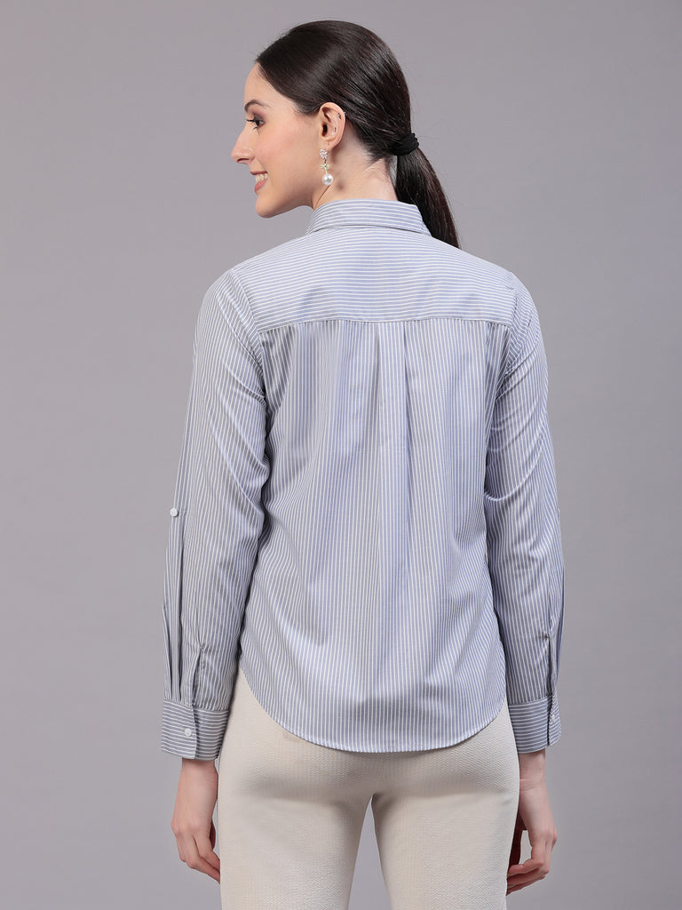 Style Quotients Women Gray And White Cotton Stripe Smart Casual Shirt-Shirts-StyleQuotient