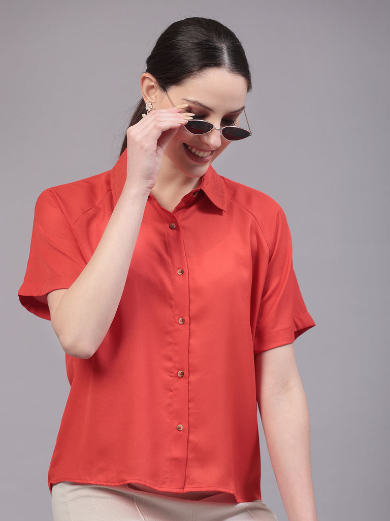 Style Quotient Women Relaxed Fit Orange Spread Collar Raglan Sleeve Shirt-Shirts-StyleQuotient